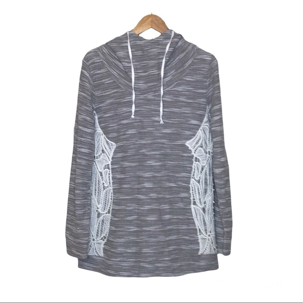 Vanity Hooded Sweater Size L Lace Overlay Long Sleeve Pullover Taupe Striated
